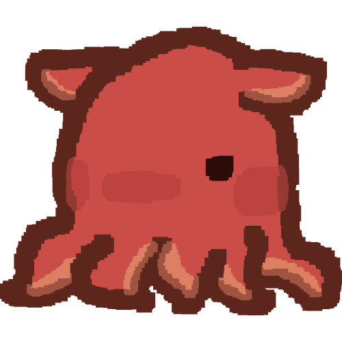 A pixelated style drawing of a simplistic dumbo octopus, it's body is a light dull-ish red with a light orange-cream colored marks on its tentacles and ear fins